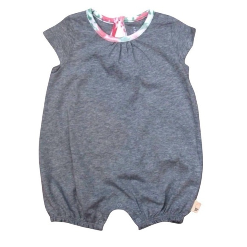 Burt’s Bees Baby Girl Bubble Romper Gray Floral Trim 100% Cotton 0-3 Months